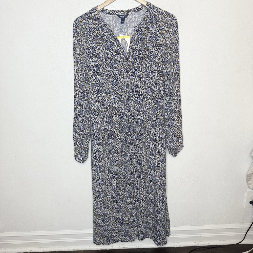 New Chaps Blue Floral Midi Dress Women's Small Button Front Viscose Long Sleeve